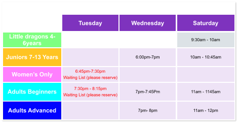 Tuesday Wednesday Saturday Little dragons 4- 6years   9:30am - 10am Juniors 7-13 Years   6:00pm-7pm  10am - 10:45am Women’s Only 6:45pm-7:30pm  Waiting List (please reserve)   Adults Beginners 7:30pm - 8:15pm Waiting List (please reserve)  7pm-7:45Pm  11am - 1145am Adults Advanced   7pm- 8pm  11am - 12pm