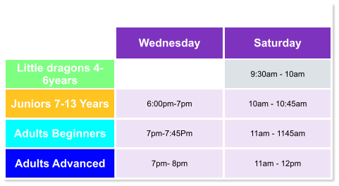 Wednesday Saturday Little dragons 4- 6years  9:30am - 10am Juniors 7-13 Years 6:00pm-7pm 10am - 10:45am Adults Beginners 7pm-7:45Pm 11am - 1145am Adults Advanced 7pm- 8pm 11am - 12pm