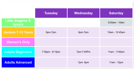 Tuesday Wednesday Saturday Little dragons 4- 6years   9:20am - 10am Juniors 7-13 Years 6pm-7pm  6pm-7pm  10am - 10:45am Women’s Only    Adults Beginners 7:30pm - 8:15pm  7pm-7:45Pm  11am - 1145am Adults Advanced   7pm- 8pm  11am - 12pm