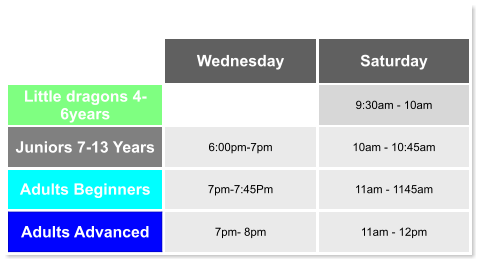 Wednesday Saturday Little dragons 4- 6years  9:30am - 10am Juniors 7-13 Years 6:00pm-7pm 10am - 10:45am Adults Beginners 7pm-7:45Pm 11am - 1145am Adults Advanced 7pm- 8pm 11am - 12pm