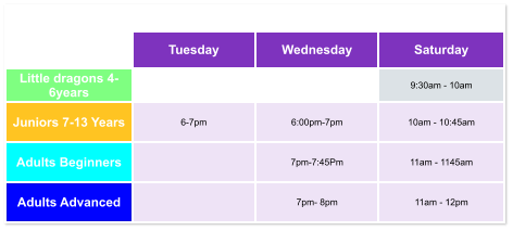 Tuesday Wednesday Saturday Little dragons 4- 6years   9:30am - 10am Juniors 7-13 Years 6-7pm  6:00pm-7pm  10am - 10:45am Adults Beginners   7pm-7:45Pm  11am - 1145am Adults Advanced   7pm- 8pm  11am - 12pm